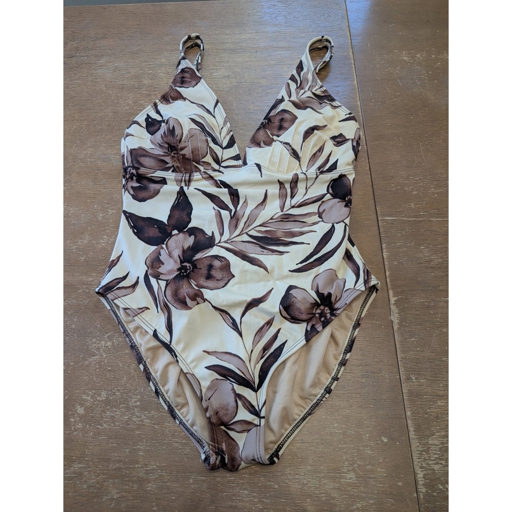 Magicsuit Womens Floral One Piece Swimsuit Brown Cream V-Neck Size 12 shaping